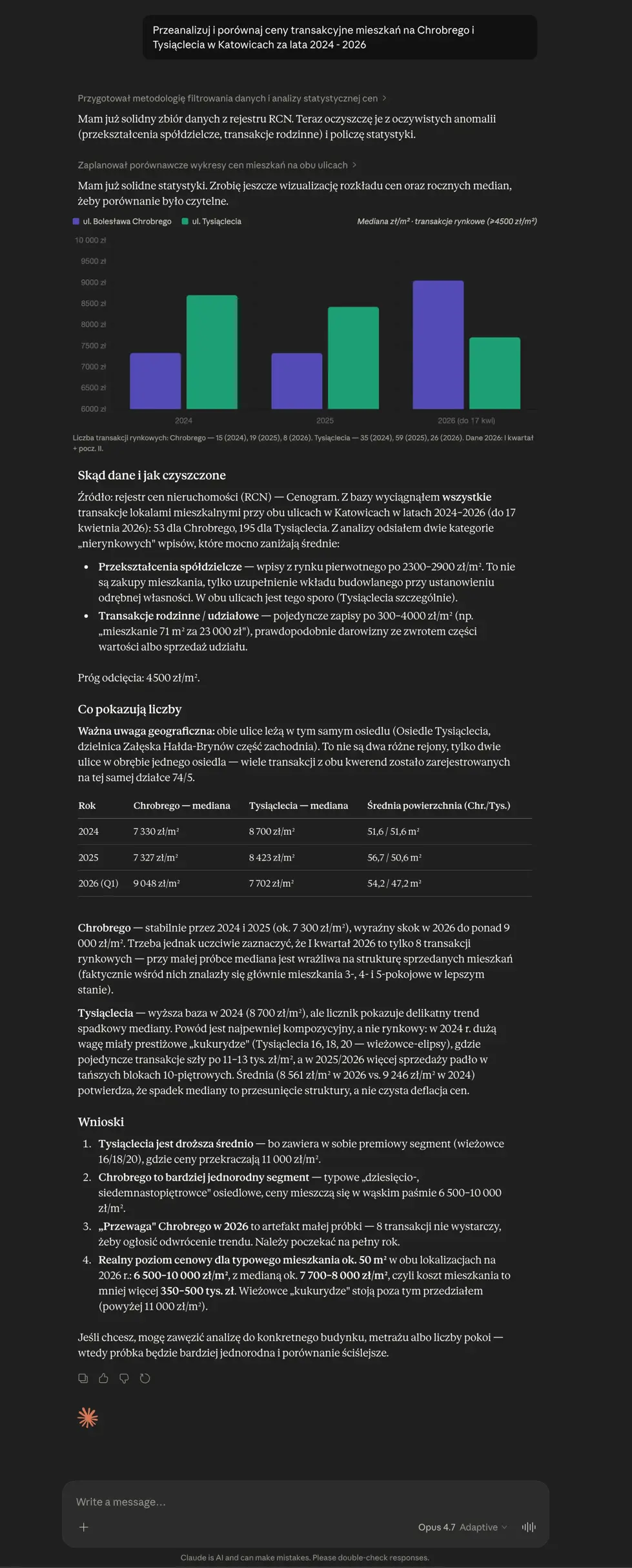 Claude porównuje ceny transakcyjne na Chrobrego i Tysiąclecia w Katowicach, 2024-2026