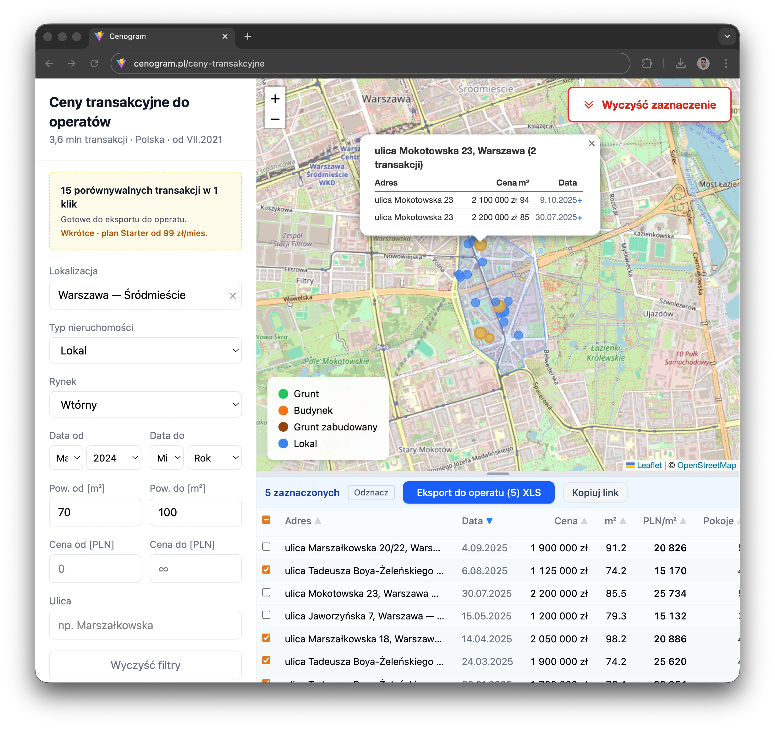 Cenogram — wyszukiwarka cen transakcyjnych nieruchomości z mapą i tabelą wyników